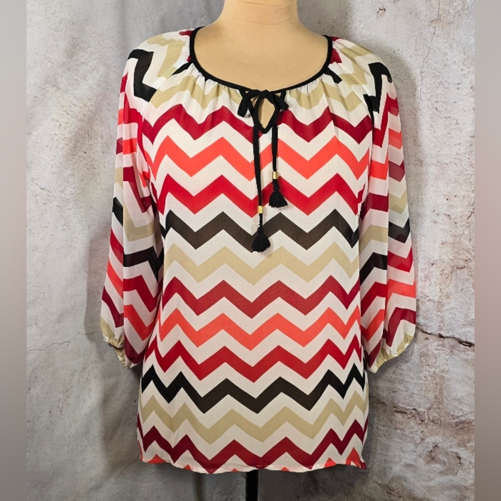 NEW DIRECTIONS Large Sheer White Pink Black Khaki Chevron Relaxed Fit Top NWOT